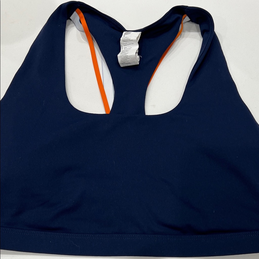 Fabletics Dark Blue Sports Bra with Bright Orange Straps